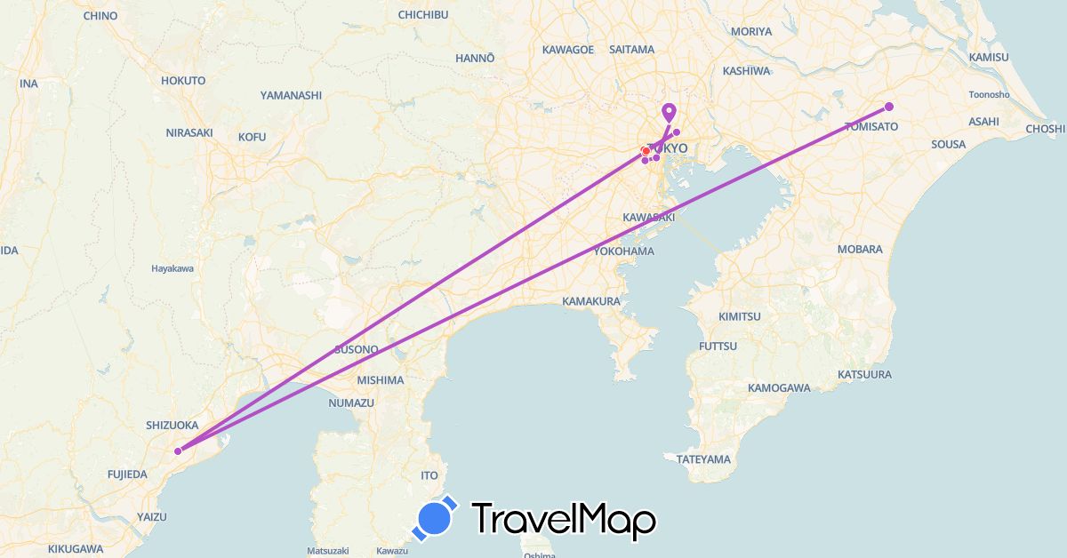 TravelMap itinerary: train, hiking in Japan (Asia)